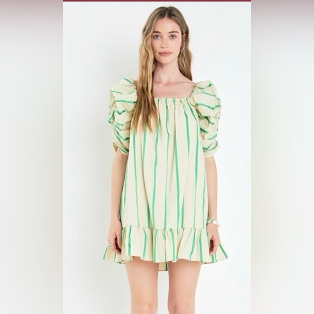 Anthropologie English Factory Cream Dress with Green Stripes and Puff Sleeves